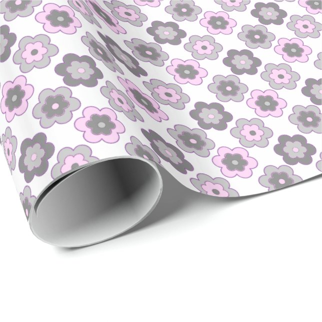 Retro Bubble Flowers (Pink and Grey) Pattern Wrapping Paper (Roll Corner)