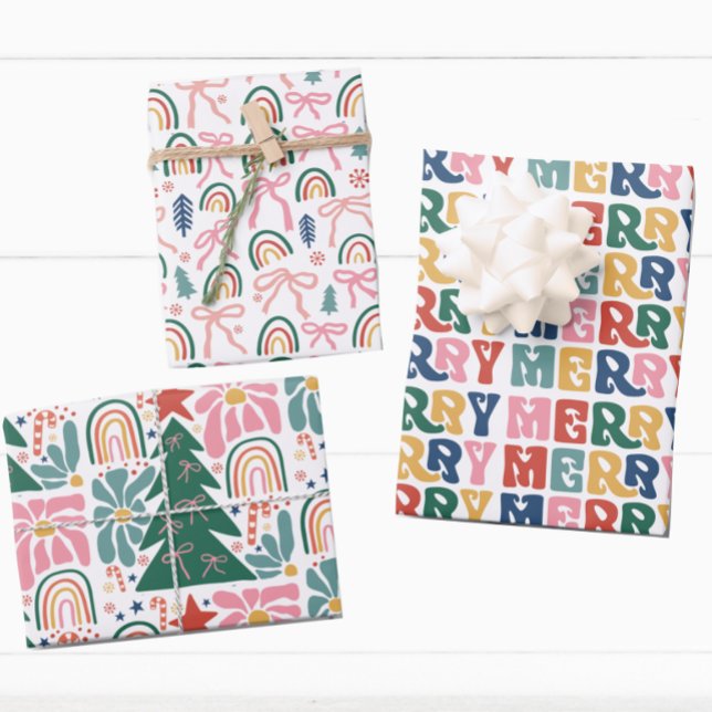 Retro Bubble Letter and Bows Kids Christmas Wrapping Paper Sheet (Creator Uploaded)