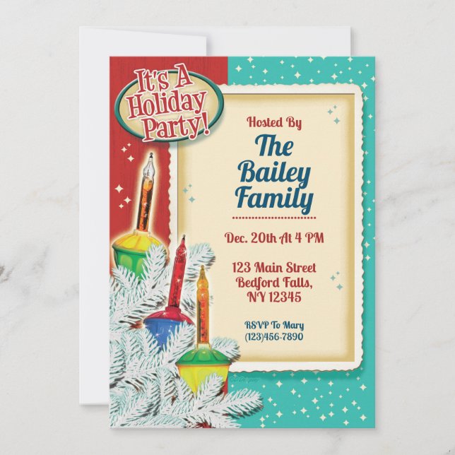 Retro Bubble Lights Christmas Holiday Party Invite (Front)