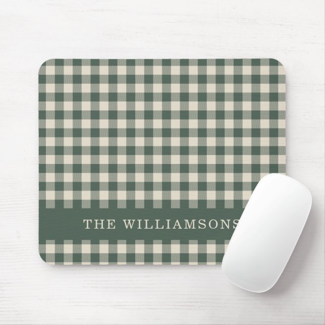 Retro Buffalo Plaid Forest Green Personalised Name Mouse Mat (With Mouse)