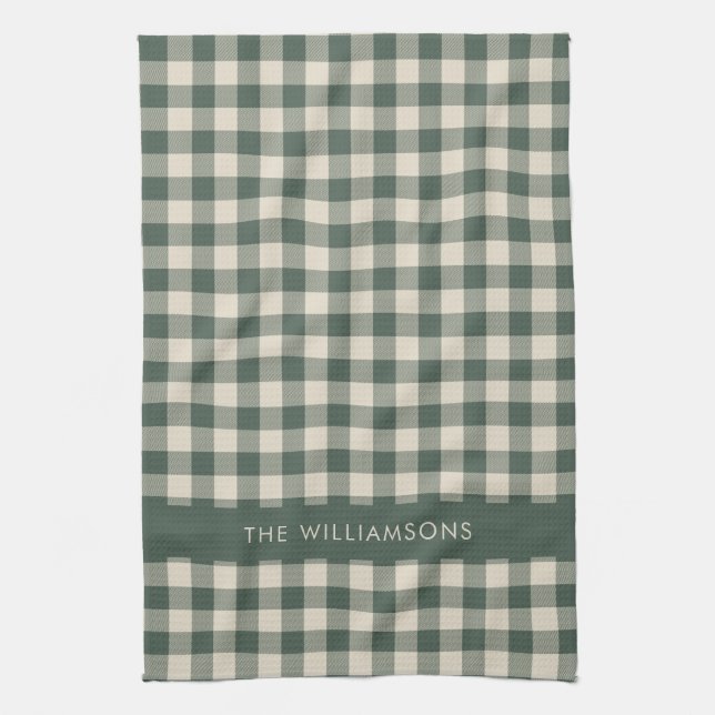 Retro Buffalo Plaid Forest Green Personalised Name Tea Towel (Vertical)
