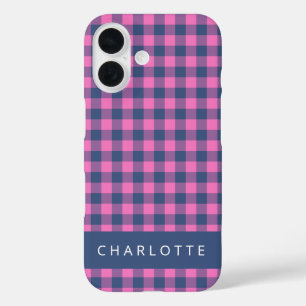 Retro Buffalo Plaid Pink Blue Personalised Name  iPhone 16 Case