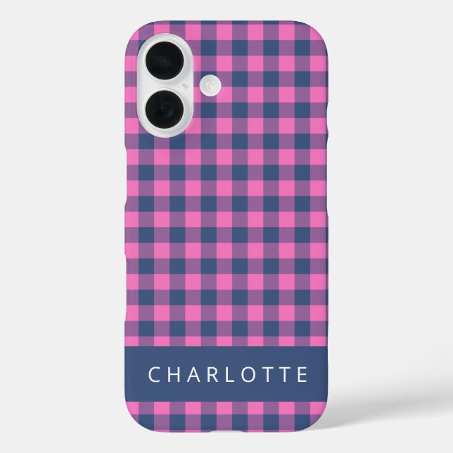 Retro Buffalo Plaid Pink Blue Personalised Name  Case-Mate iPhone Case (Back)