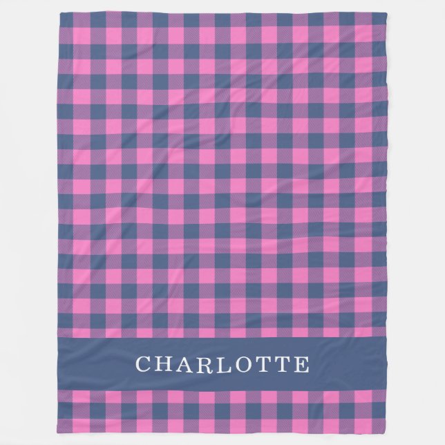 Retro Buffalo Plaid Pink Blue Personalised Name Fleece Blanket (Front)
