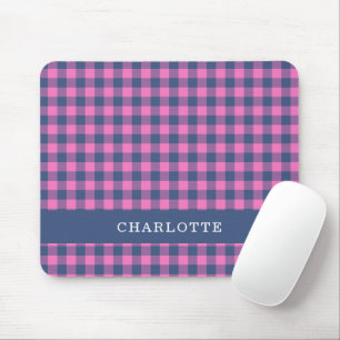 Retro Buffalo Plaid Pink Blue Personalized Name  Mouse Mat