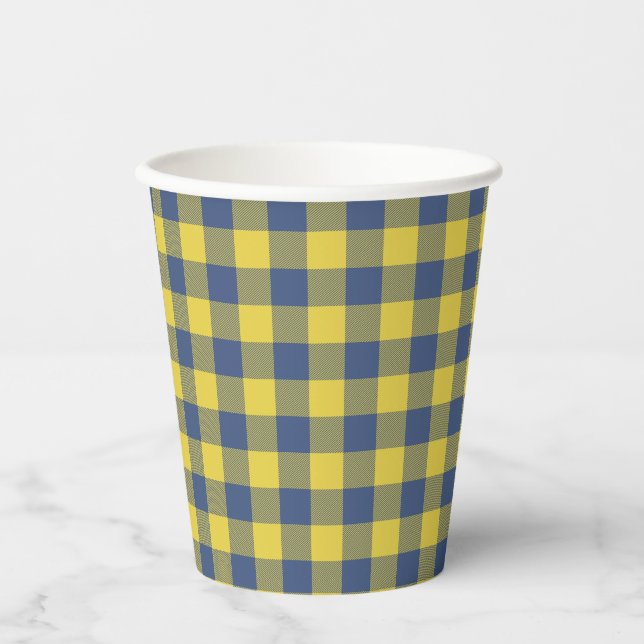 Retro Buffalo Plaid Tartan Pattern Yellow Blue  Paper Cups (Front)