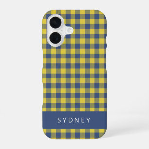 Retro Buffalo Plaid Yellow Blue Personalised Name iPhone 16 Case