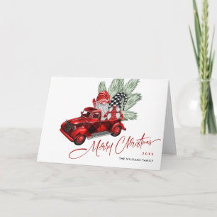 Retro Buffalo Red Truck Gnomes Rustic Christmas Card