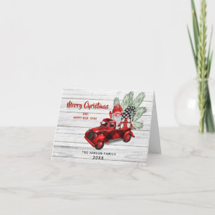 Retro Buffalo Red Truck Gnomes Rustic Christmas Card