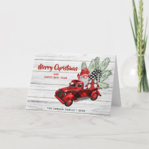 Retro Buffalo Red Truck Gnomes Rustic Christmas Card