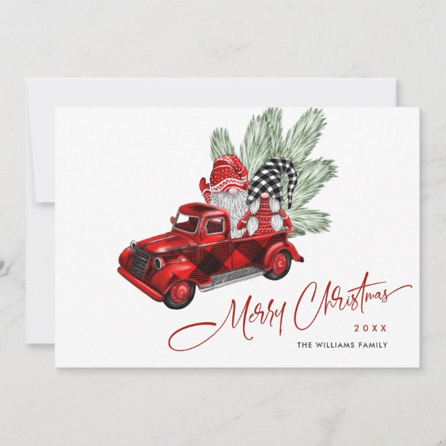 Retro Buffalo Red Truck Gnomes Rustic Christmas Holiday Card (Front)