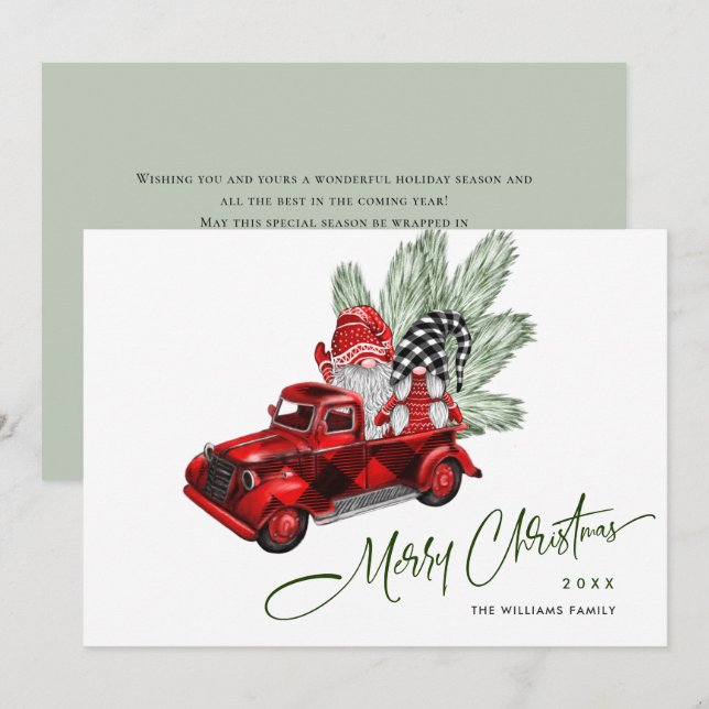 Retro Buffalo Red Truck Gnomes Rustic Christmas Holiday Card (Front/Back)