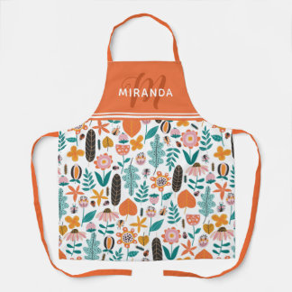 Retro Bugs & Flowers Pattern Orange Monogram Apron
