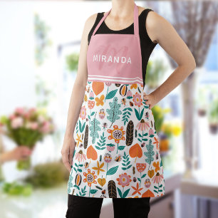 Retro Bugs & Flowers Pattern Pink Monogram Apron