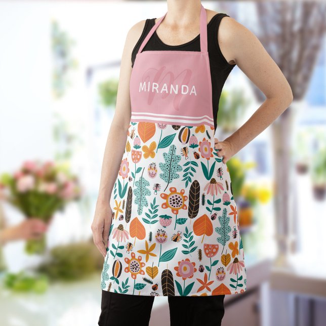 Retro Bugs & Flowers Pattern Pink Monogram Apron (Creator Uploaded)