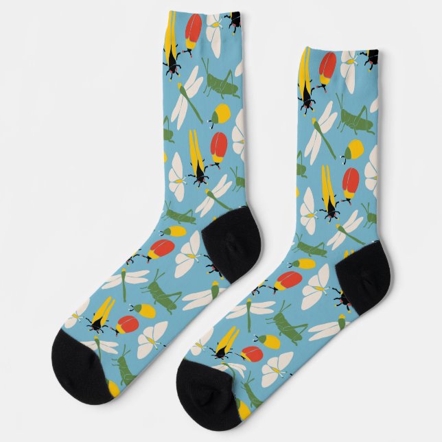 Retro Bugs Insects Illustrations Light Blue Socks (Left)