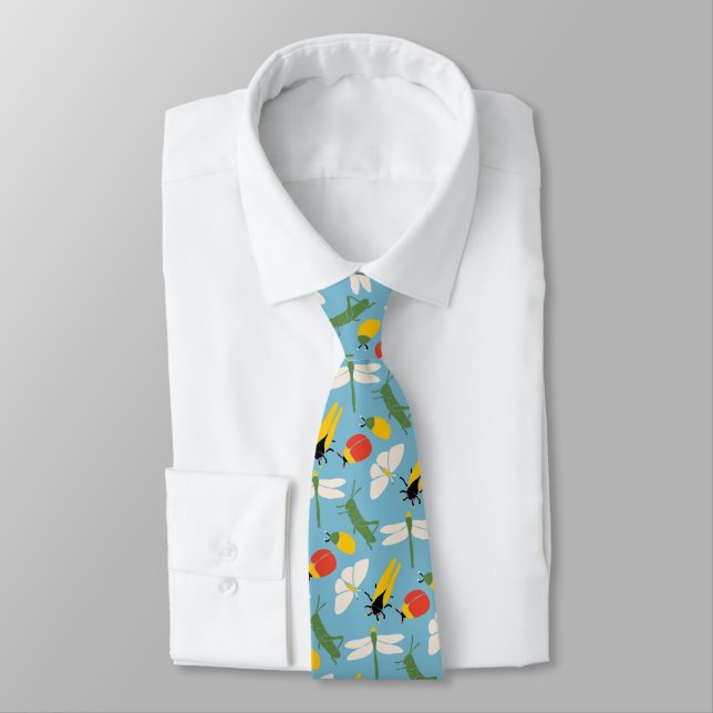 Retro Bugs Insects Illustrations Light Blue Tie (Tied)
