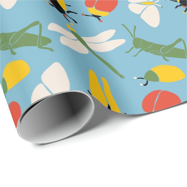 Retro Bugs Insects Illustrations Light Blue Wrapping Paper (Roll Corner)