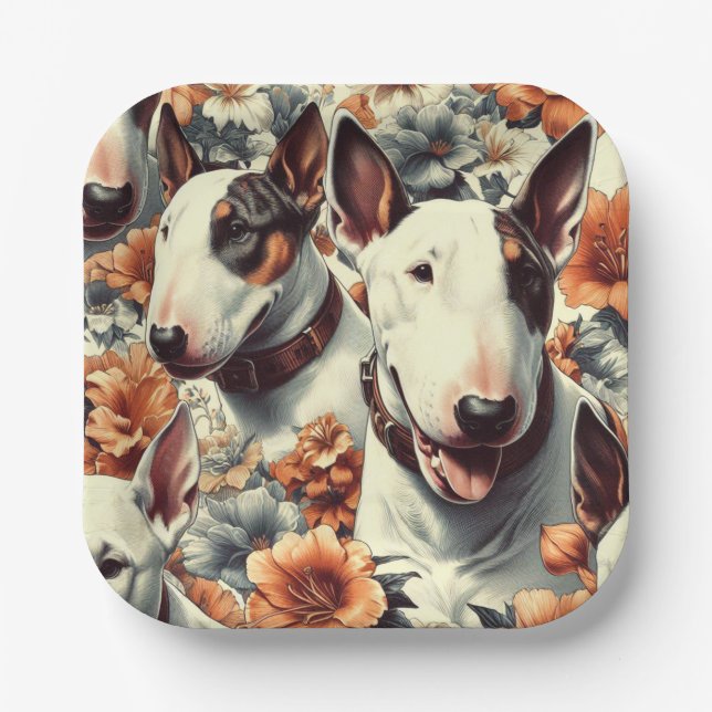 Retro Bull Terrier Seamless Painting Paper Plate (Front)