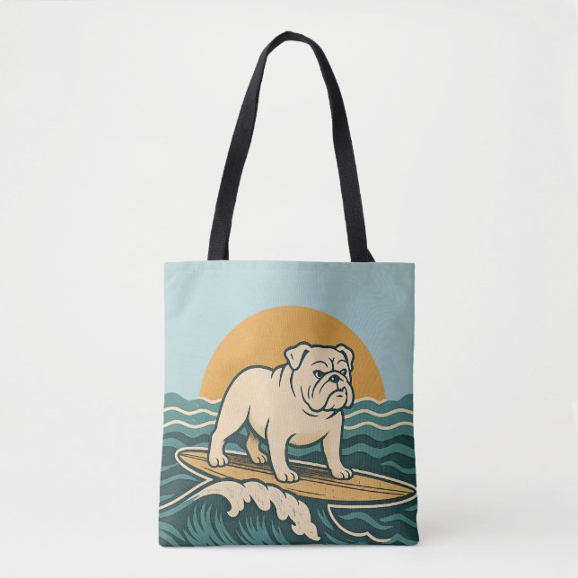 Retro Bulldog Surfer | Blue Surf Dog Graphic Beach Tote Bag (Front)