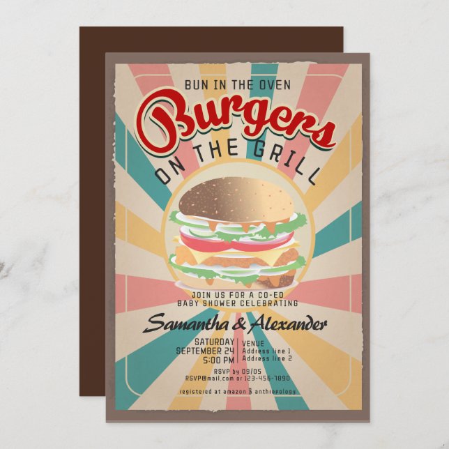 Retro Bun On The Oven Burger BBQ CO-ED Baby Shower Invitation (Front/Back)