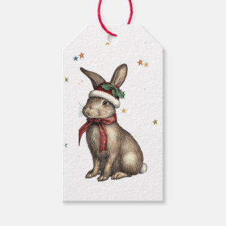 RETRO BUNNY WITH SANTA HAT GIFT TAG