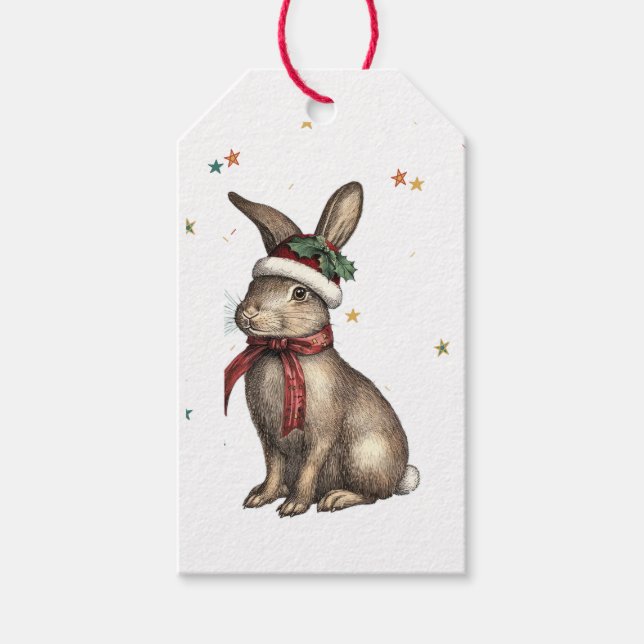 RETRO BUNNY WITH SANTA HAT GIFT TAG (Front)