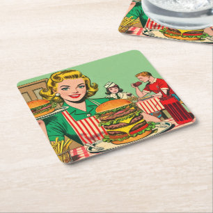 Retro Burger Comics Square Paper Coaster