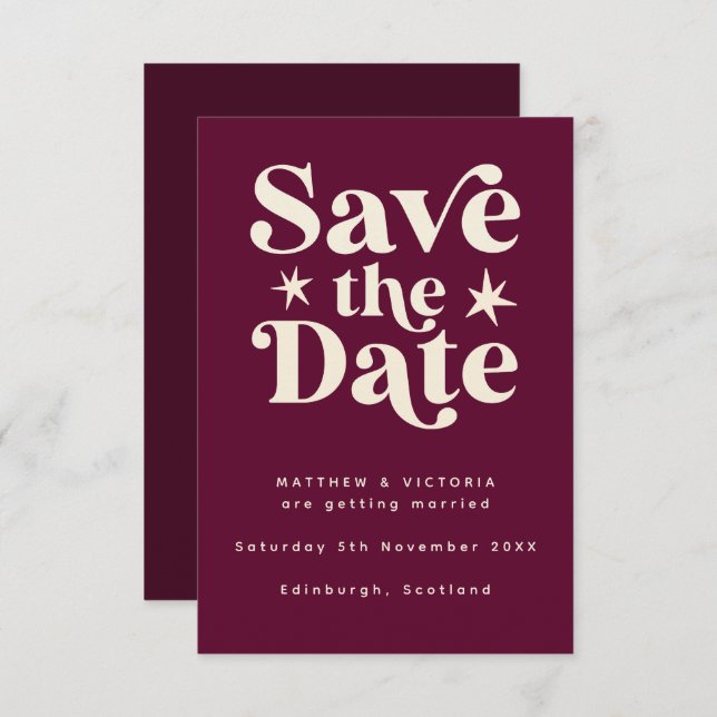 Retro Burgundy Boho Simple Save the Date Card (Front/Back)