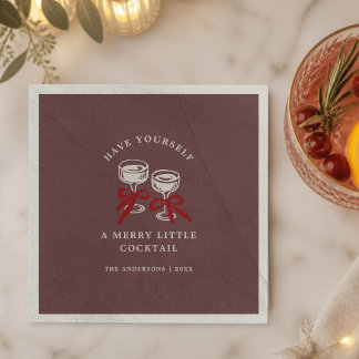Retro Burgundy Merry Little Cocktail Christmas Napkin