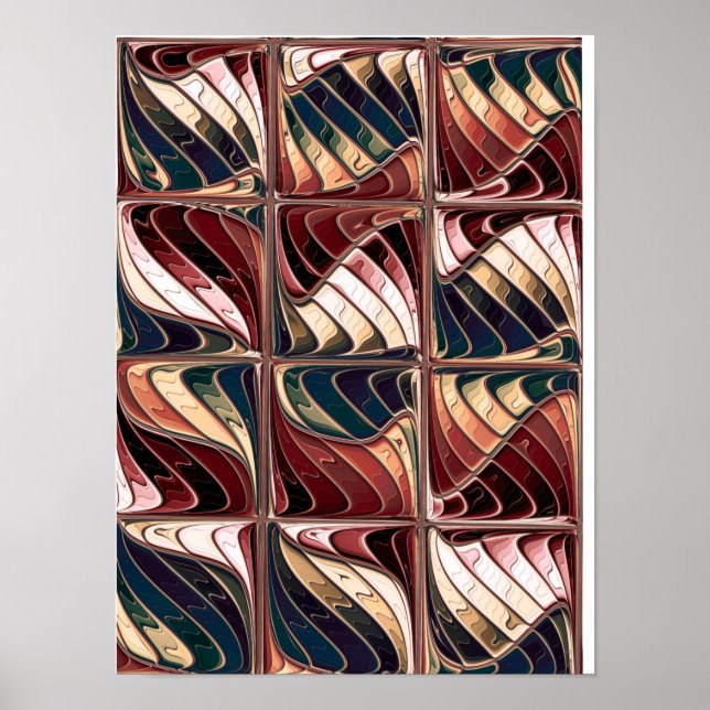 Retro Burgundy Wave Glass Tile Pattern Poster (Front)