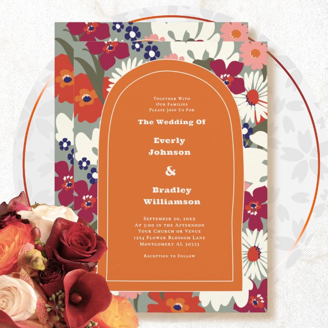  Retro Burnt Orange Bold Floral Boho Wedding Invitation (Creator Uploaded)