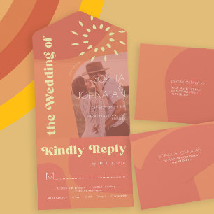 Retro burnt orange bold PHOTO rsvp wedding All In One Invitation