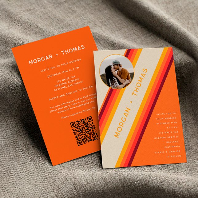 Retro Burnt Orange Stripes 70s 80s QR Code Wedding Invitation (Front / Back)