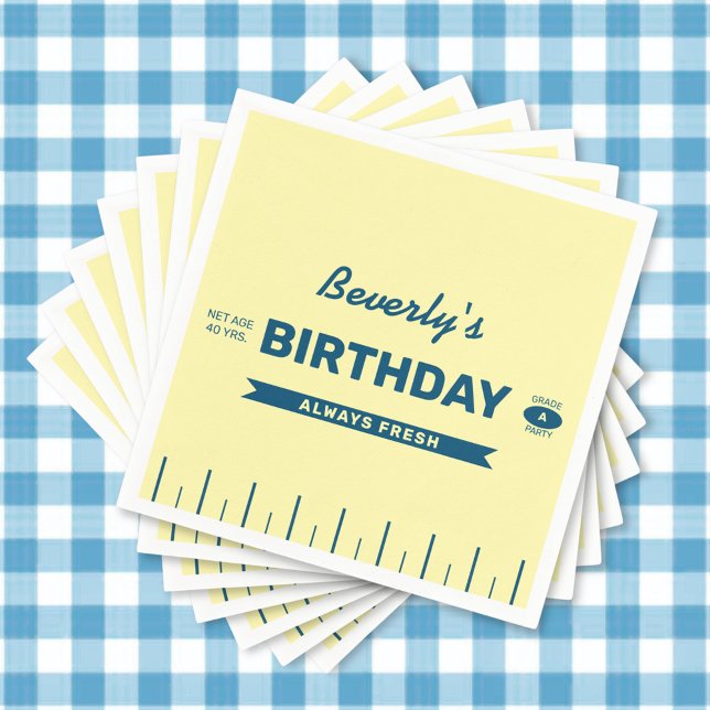 Retro Butter Stick Personalised Birthday Party Napkin (Custom yellow butter stick napkins for a fresh birthday celebration for any year.)