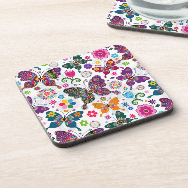 Retro Butterflies And Flowers Colourful Pattern Coaster (Left Side)
