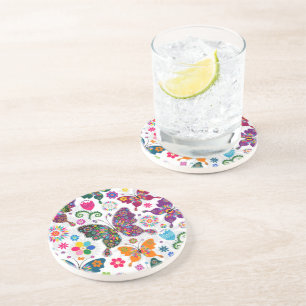 Retro Butterflies And Flowers Pattern Coaster
