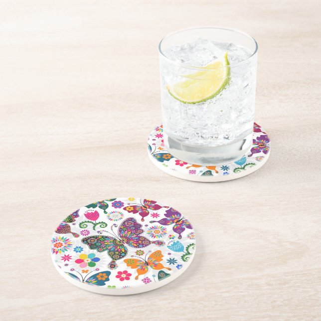 Retro Butterflies And Flowers Pattern Coaster (Side)