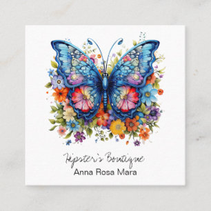 *~* Retro Butterfly AP57 Boho QR Vintage Flowers Square Business Card