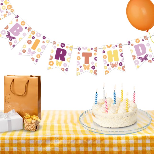 Retro Butterfly Happy Birthday Bunting (Butterfly HAPPY BIRTHDAY Banner for Girls Birthday)