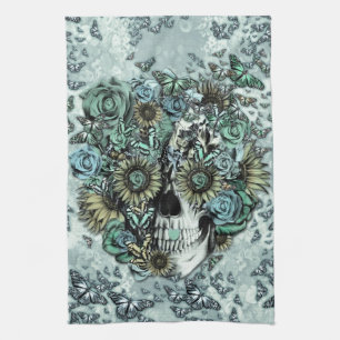 Retro butterfly rose skull tea towel