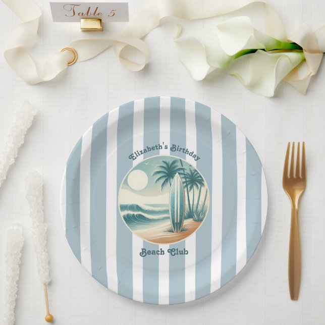Retro Cabana Stripes Beach Club Surfboard Birthday Paper Plate (Wedding)
