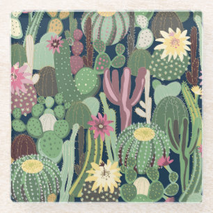 Retro Cactus Design: Seamless Fabric Texture Glass Coaster