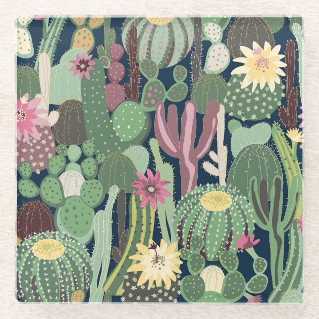 Retro Cactus Design: Seamless Fabric Texture Glass Coaster (Front)