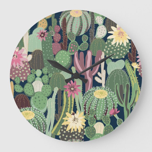 Retro Cactus Design: Seamless Fabric Texture Large Clock (Front)