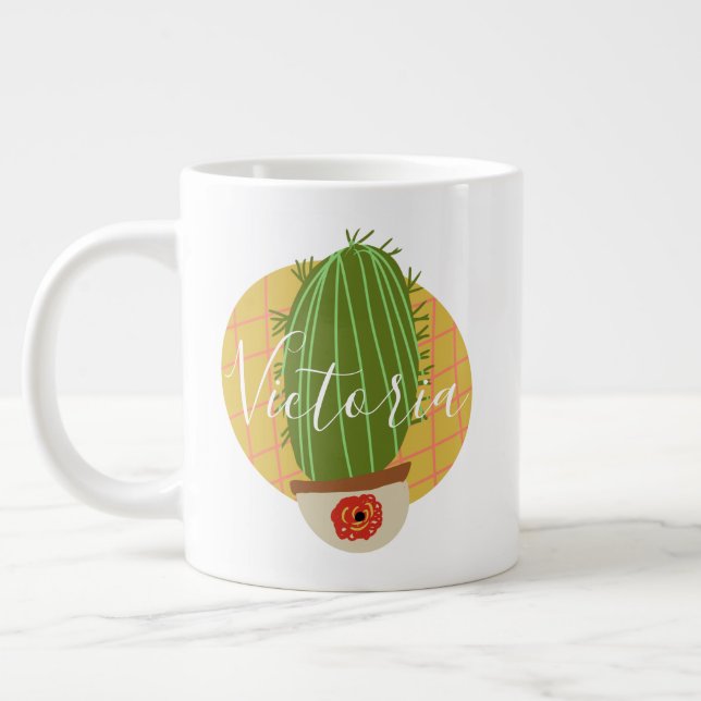 Retro Cactus Doodle Name Giant Coffee Mug (Left)