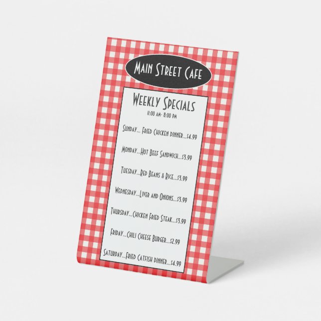 Retro Cafe Red Gingham Weekly Specials Table Menu Pedestal Sign (Front)