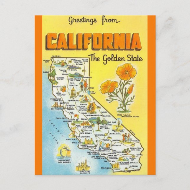 Retro Calfornia State Map  Postcard (Front)