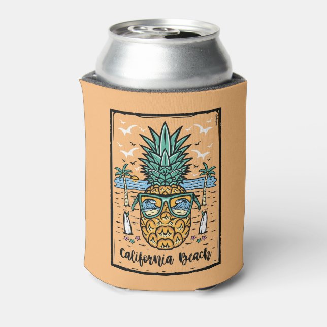 Retro California Beach both sides. Can Cooler (Can Back)