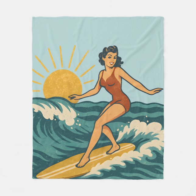 Retro California Pin-Up Surfer Blue Coastal Print Fleece Blanket (Front)